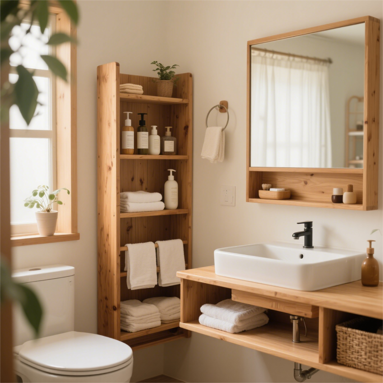 Étagères en bois dans une salle de bain